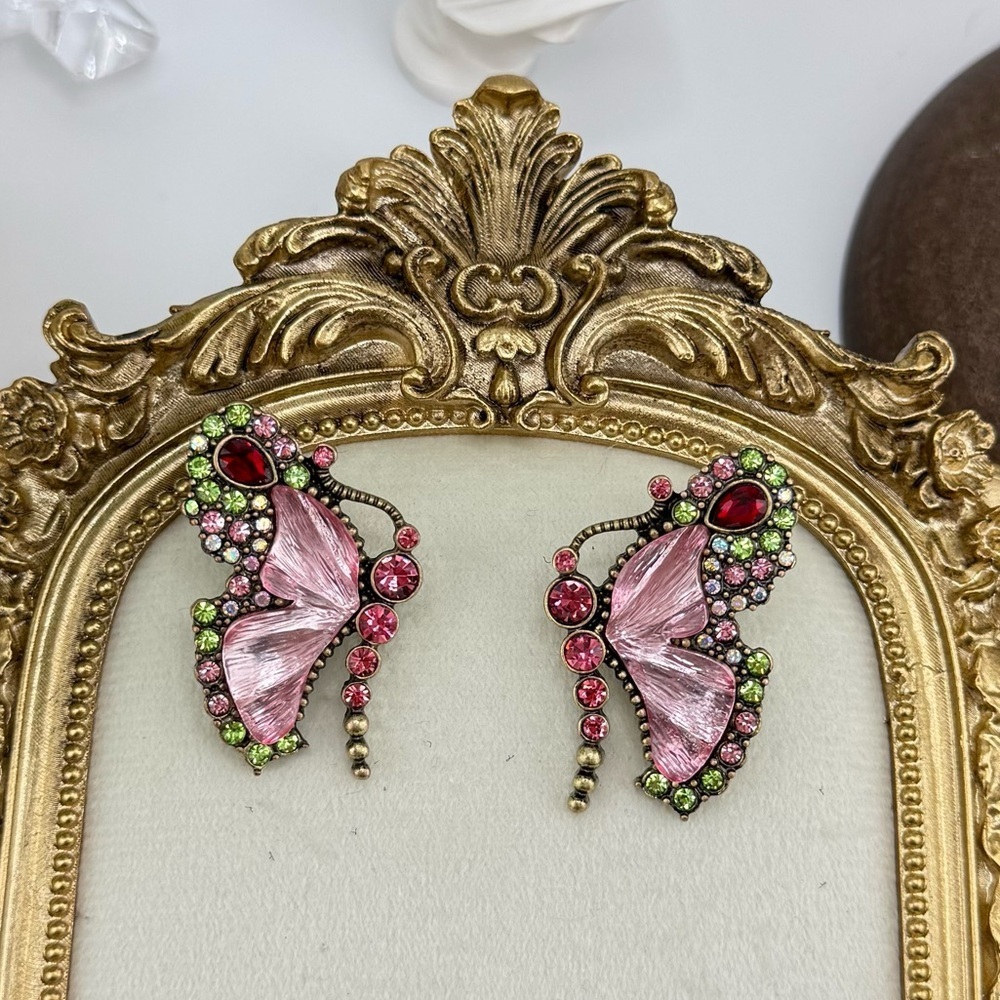 Vintage Butterfly Statement Earrings - Pink, Green & Red Crystal Accents - Picture 4 of 8